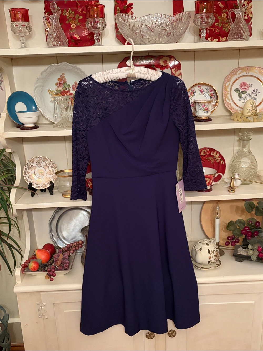 JS Collections Navy Lace-Sleeve Midi Dress